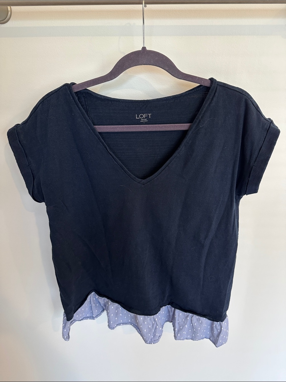 LOFT Black V-Neck Short Sleeve Top with Light Blue Polka Dot Hem